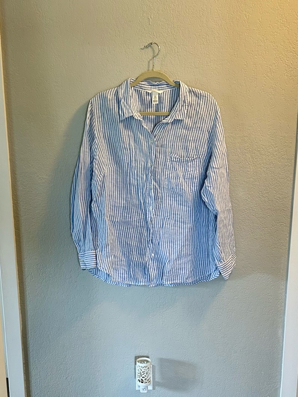 H&M Blue and White Striped Linen Casual  Button-Down Shirt